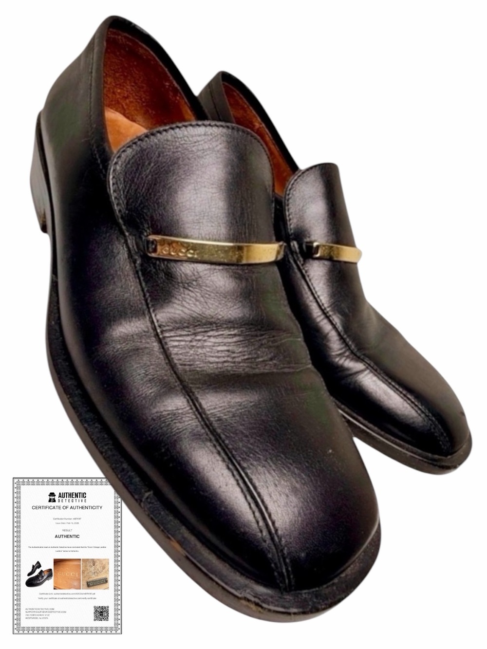 Gucci Vintage Black Leather Logo Bar Loafers Men’s 8D Authenticated - Picture 2 of 14